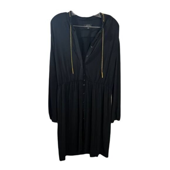 Black Button-Down Long-Sleeve Dress With Gold Chain Detailing & Elastic Waist‎ - Picture 1 of 8
